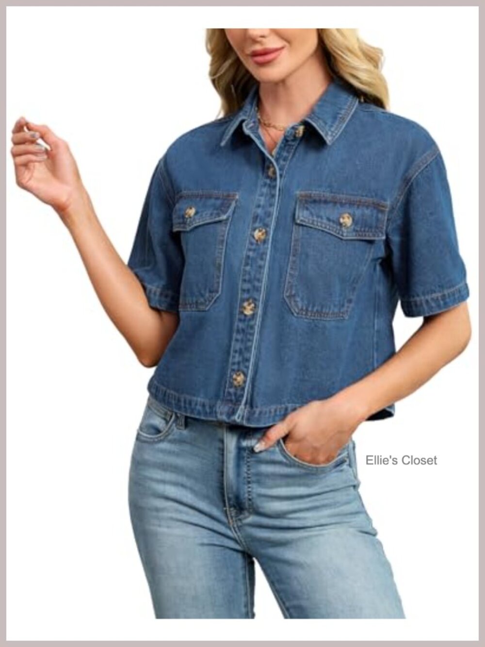 Women's Crop Denim Shirt Short Sleeve Button Down Casual Jean Top